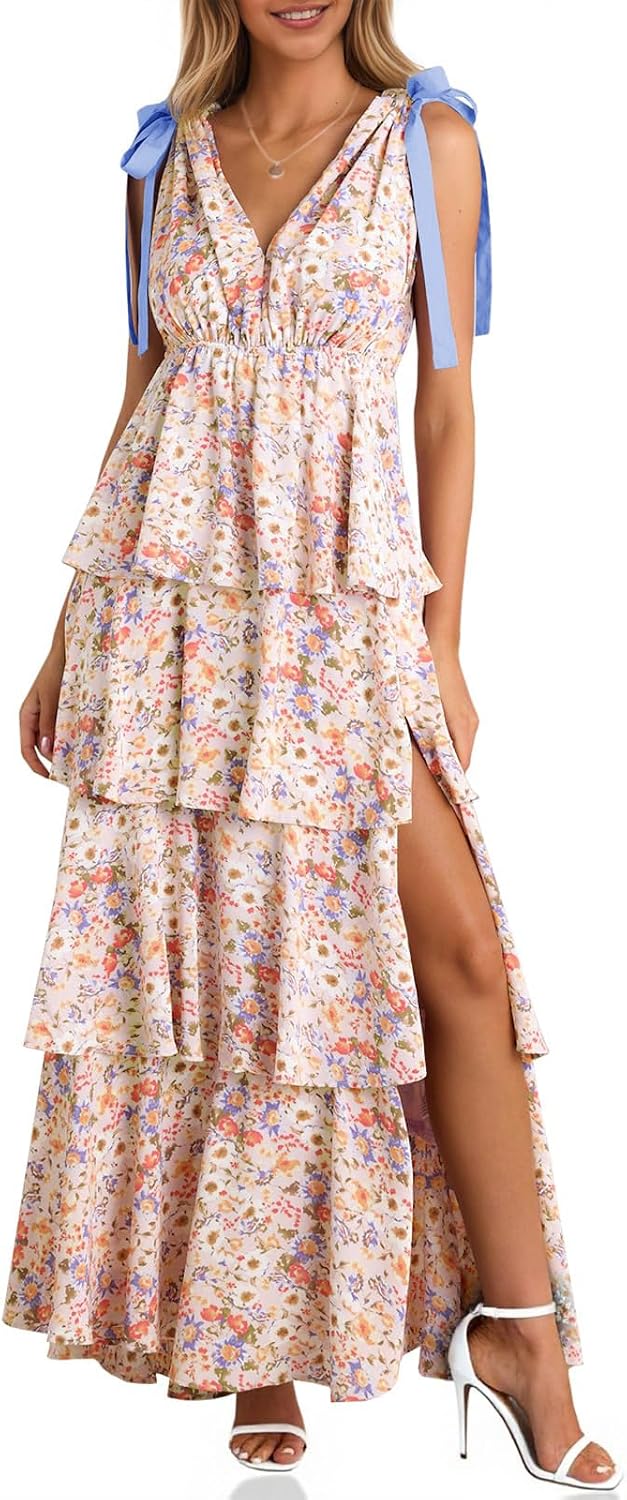 Wenrine Womens Elegant Wedding Guest Dress Floral Ruffle Maxi Dresses | Casual,Tie Strap,Sleeveless,V Neck,High Slit,Boho,Ruffle,Tiered,Beach
