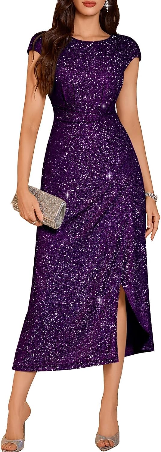 DRESSTELLS Women's Sparkly Formal Wedding Guest Dresses, Sequin Cocktail Party Evening Prom Slit Maxi Dress