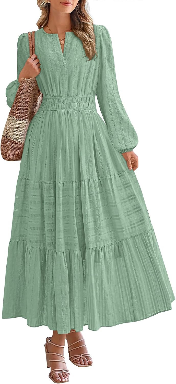 BTFBM Womens Fall 2026 Casual Midi Maxi Dresses | Lightweight Long Sleeve V Neck,Elastic Waist A Line Cotton Long Dresses,Boho Wedding Guest Dress Pockets,Fashion Clothing