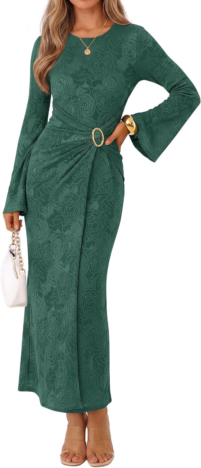 MEROKEETY Women's Fall Long Sleeve Formal Wedding Guest Cocktail Maxi Dress | Bell Sleeve, Crew Neck, Faux Wrap, Bodycon, Cinched Waist, Floral, Ruched, Buckle, Tea Length, Modest Dinner Dresses 2026