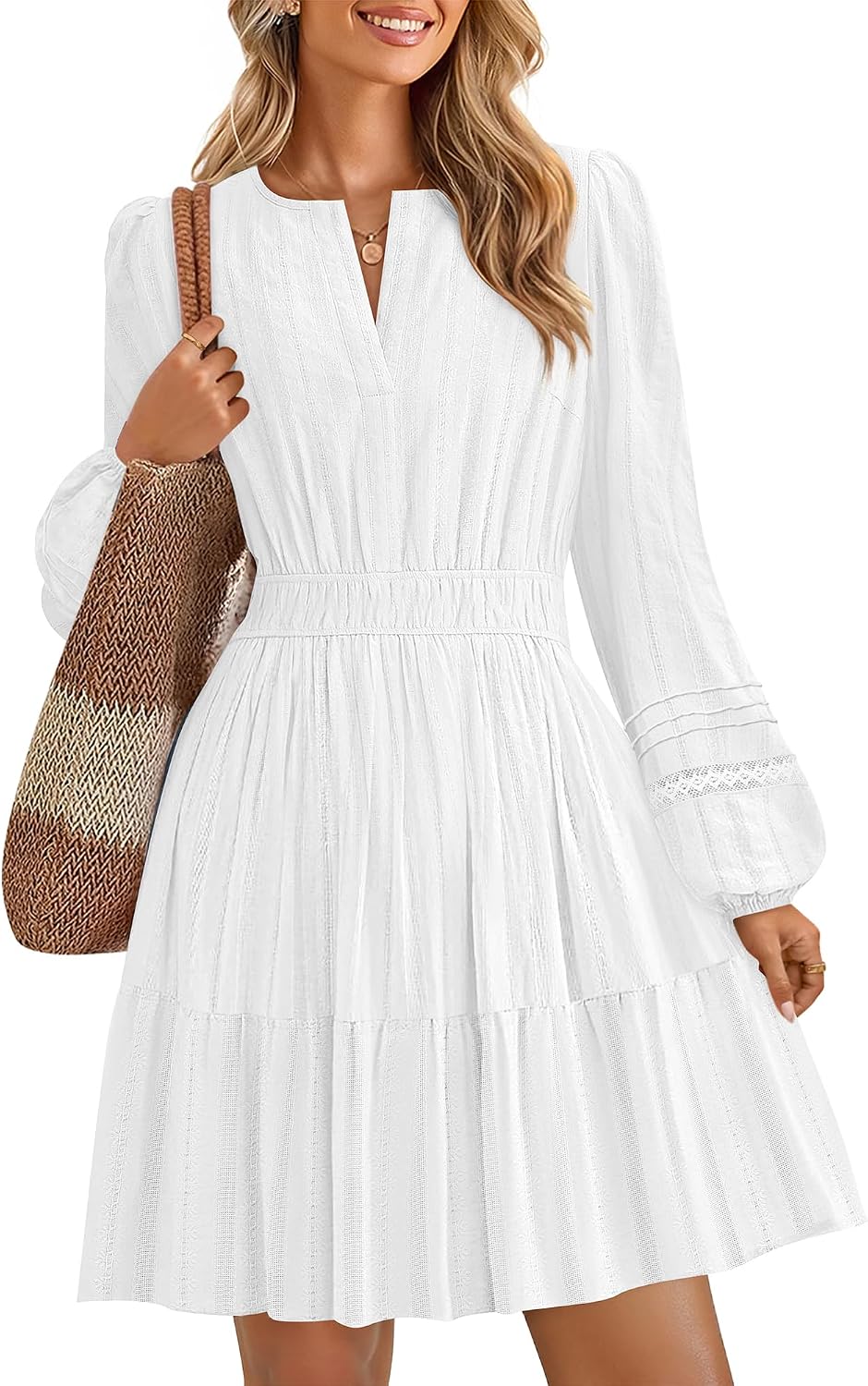 ZESICA Women's Fall Long Sleeve V Neck Flowy Mini Dresses | A Line Cotton Short Dress, Lightweight, Holiday, Work Office, Vacation, Homecoming, Baby Shower, 2026 Fall Trendy Clothes