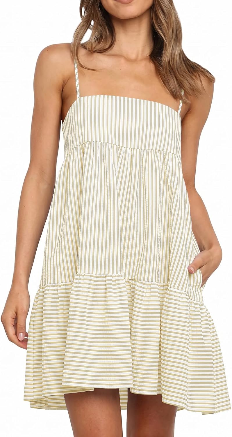 Wenrine Womens Summer Striped Mini Dress Spaghetti Strap Beach Sundress | Casual,Sleeveless,Loose,A Line,Short Dresses,Vacation,Resort,Sun Dress, with Pockets