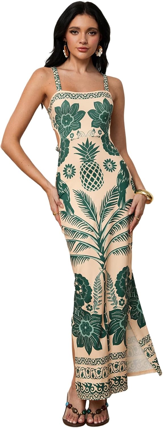 Floerns Women's Tropical Bow Tie Back Long Dress Sleeveless Maxi Dress | Hawaiian Resort Wear, Coastal Vacation, Beach Wedding Guest, Side Slit, Spring Break Outfits