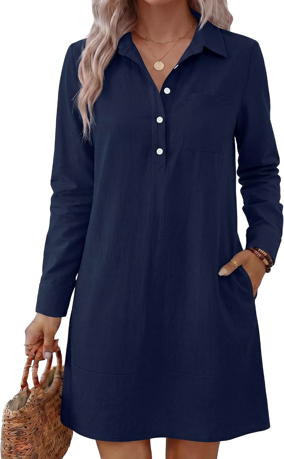 ANRABESS Women's Long Sleeve Striped Fall Shift Shirt Dress | Button Up Polo Collar Tunic Short Dresses with Pockets, Color Block Hem Regular Fit, Office Casual Clothes, All Season Outfit