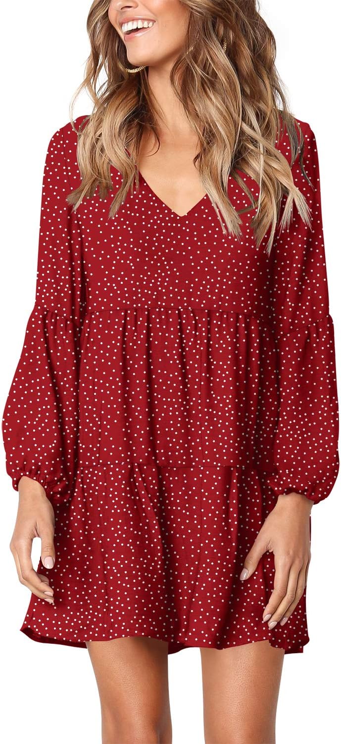 Amoretu Womens Tunic Dress Long Sleeve V Neck Casual Loose Flowy Swing Shift Dresses