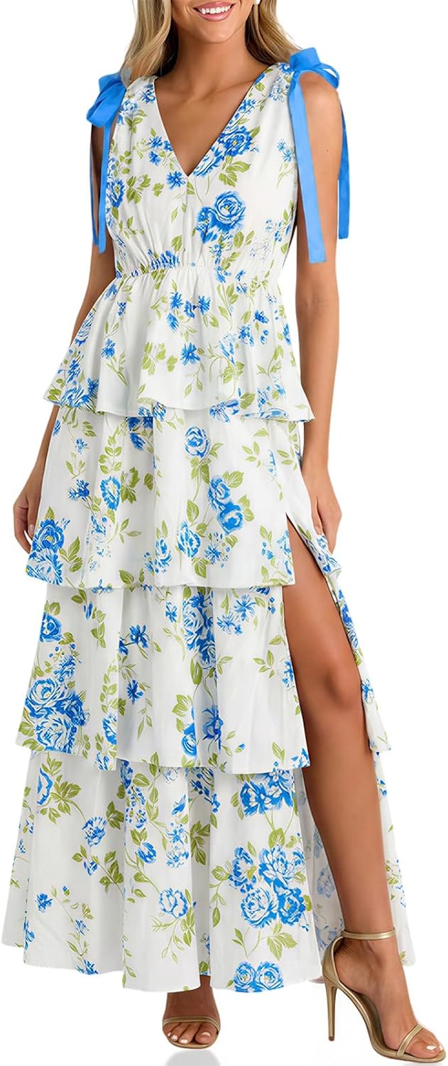 Wenrine Womens Elegant Wedding Guest Dress Floral Ruffle Maxi Dresses | Casual,Tie Strap,Sleeveless,V Neck,High Slit,Boho,Ruffle,Tiered,Beach