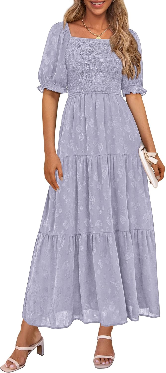 PRETTYGARDEN Women's Summer Elegant Floral Midi Dresses | Square Neck Short Sleeve, Smocked Pockets, Ruffle Tiered, Flowy A Line, Fit and Flare, Wedding Guest Party, Boho Outfits