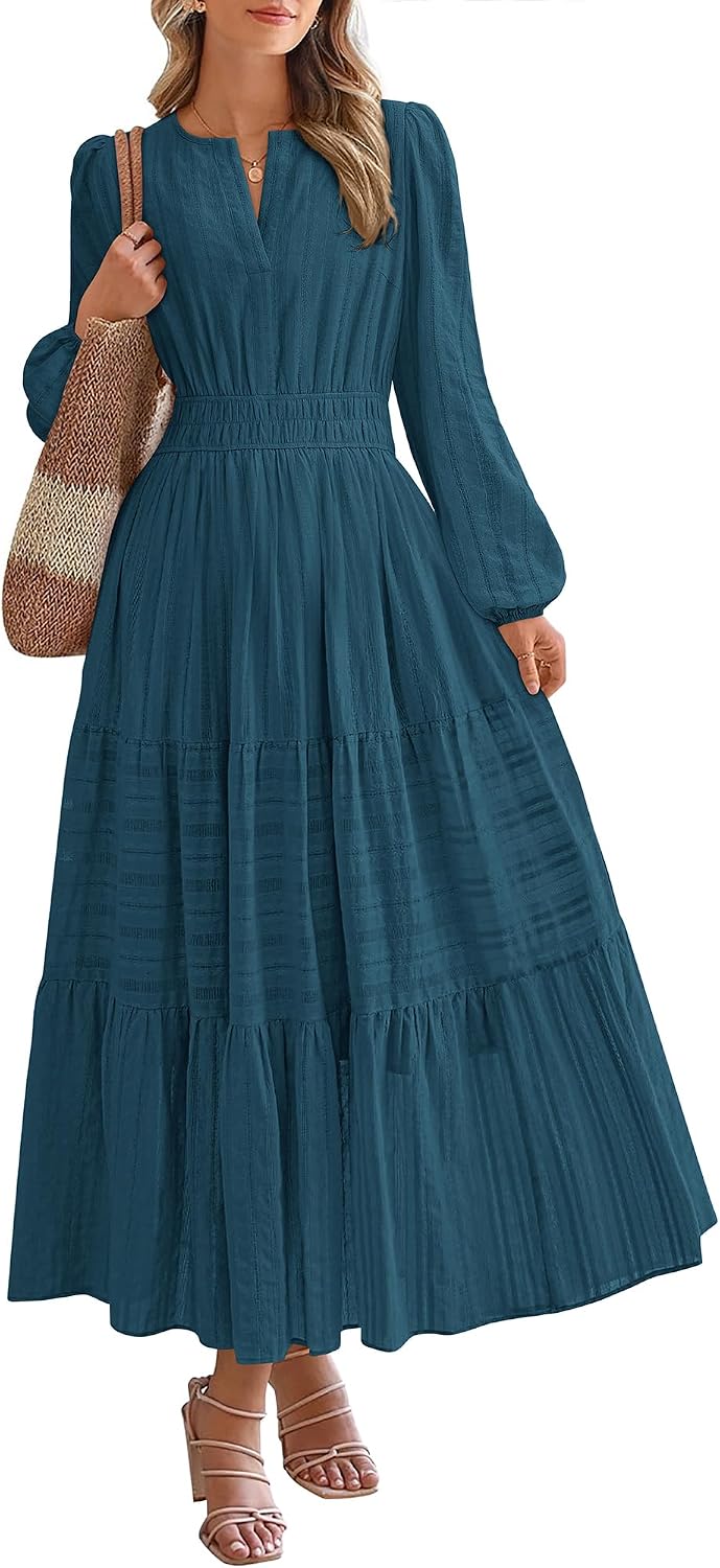 BTFBM Womens Fall 2026 Casual Midi Maxi Dresses | Lightweight Long Sleeve V Neck,Elastic Waist A Line Cotton Long Dresses,Boho Wedding Guest Dress Pockets,Fashion Clothing