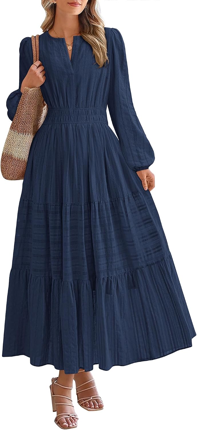 BTFBM Womens Fall 2026 Casual Midi Maxi Dresses | Lightweight Long Sleeve V Neck,Elastic Waist A Line Cotton Long Dresses,Boho Wedding Guest Dress Pockets,Fashion Clothing