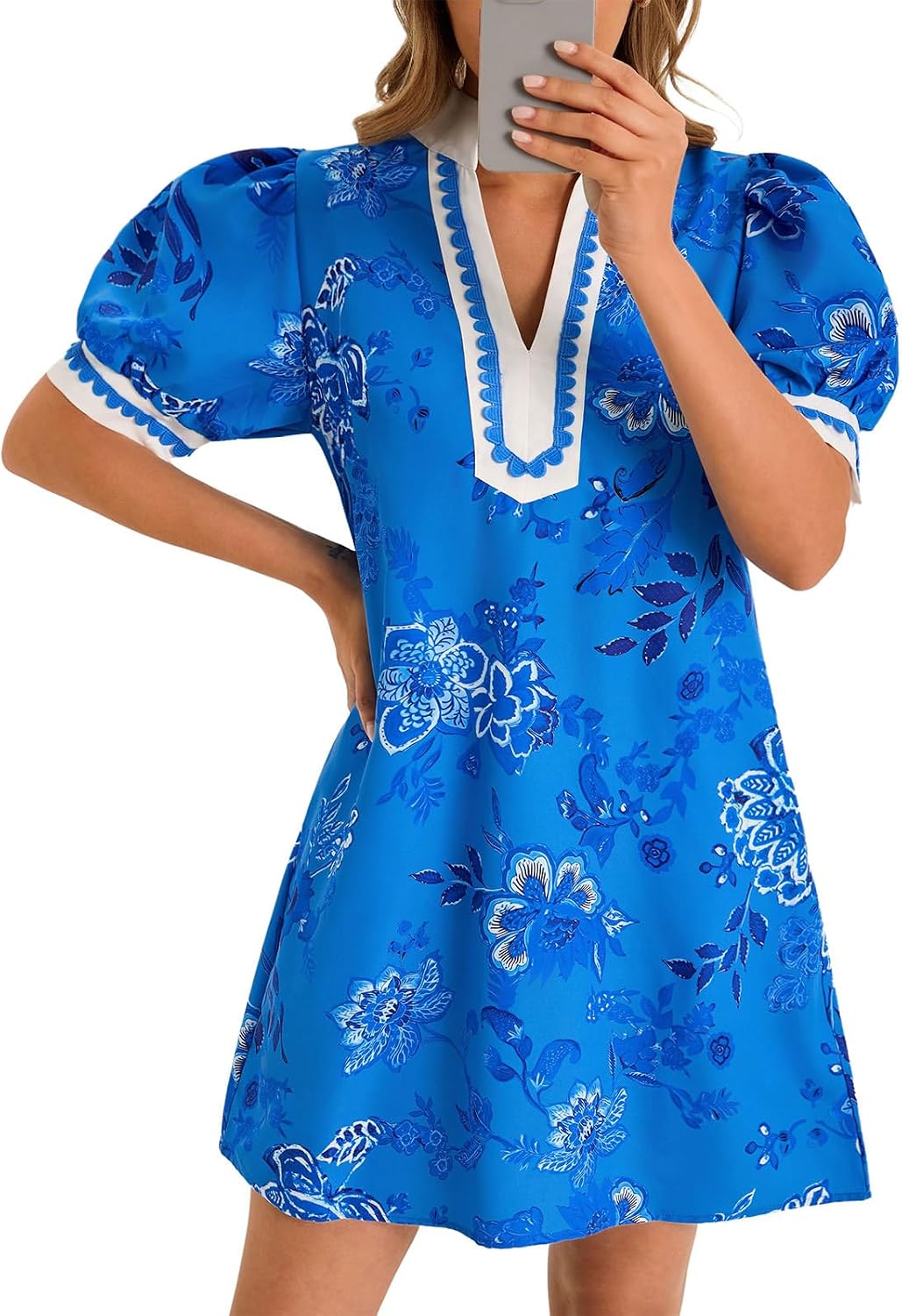 Wenrine Womens Summer Mini Dress Casual Floral Boho Dresses Beach Sundress | Puff Sleeve, V Neck, Color Block, Loose Fit, with Pockets