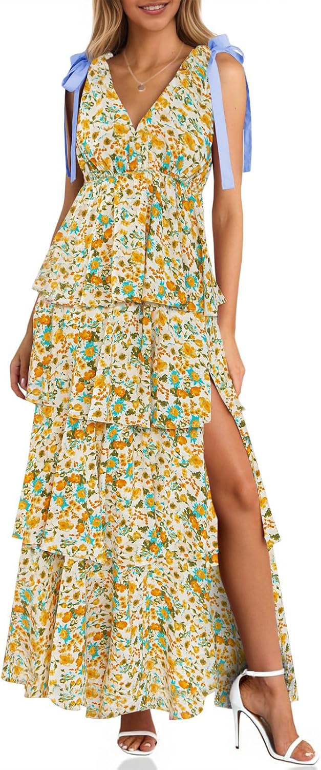 Wenrine Womens Elegant Wedding Guest Dress Floral Ruffle Maxi Dresses | Casual,Tie Strap,Sleeveless,V Neck,High Slit,Boho,Ruffle,Tiered,Beach