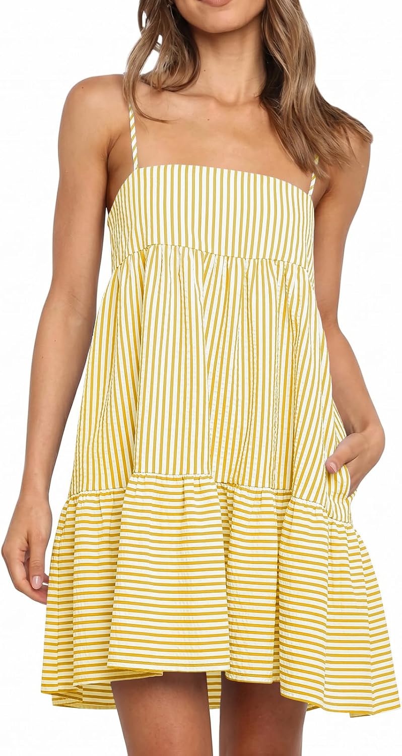 Wenrine Womens Summer Striped Mini Dress Spaghetti Strap Beach Sundress | Casual,Sleeveless,Loose,A Line,Short Dresses,Vacation,Resort,Sun Dress, with Pockets