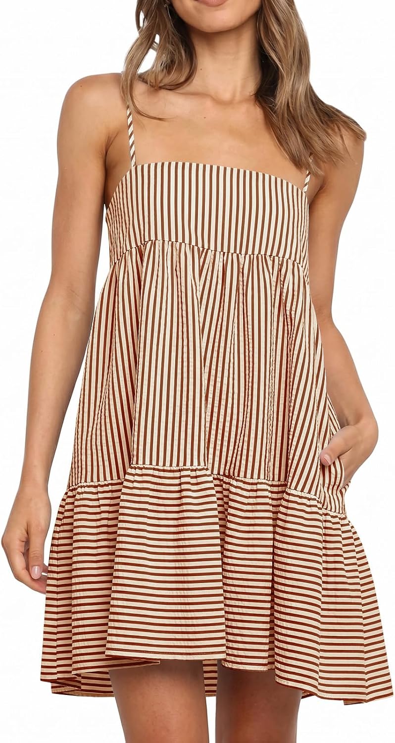 Wenrine Womens Summer Striped Mini Dress Spaghetti Strap Beach Sundress | Casual,Sleeveless,Loose,A Line,Short Dresses,Vacation,Resort,Sun Dress, with Pockets