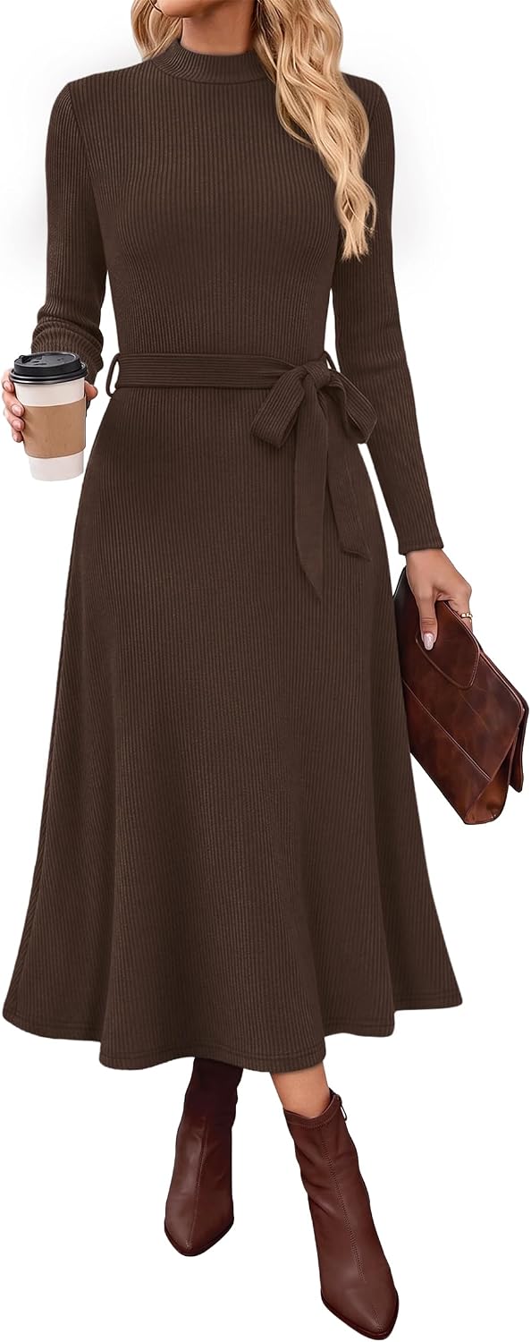 OFEEFAN Long Sleeve Dress Mock Neck Tie Waist Ribbed Knit Midi Dresses Fall Outfits