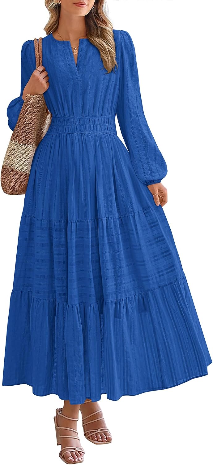 BTFBM Womens Fall 2026 Casual Midi Maxi Dresses | Lightweight Long Sleeve V Neck,Elastic Waist A Line Cotton Long Dresses,Boho Wedding Guest Dress Pockets,Fashion Clothing