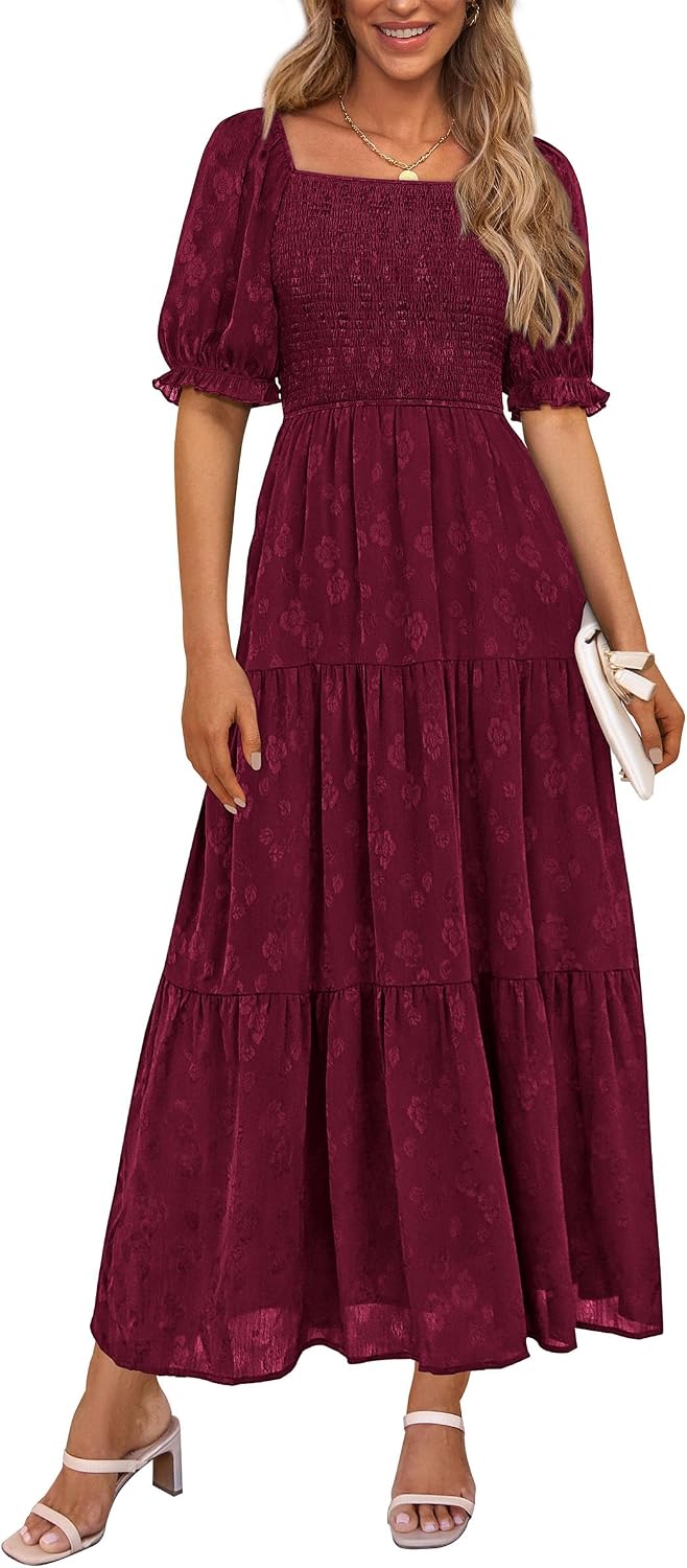 PRETTYGARDEN Women's Summer Elegant Floral Midi Dresses | Square Neck Short Sleeve, Smocked Pockets, Ruffle Tiered, Flowy A Line, Fit and Flare, Wedding Guest Party, Boho Outfits