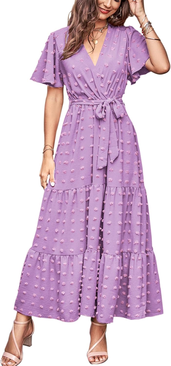 MASCOMODA Womens Summer Swiss Dot Maxi Dresses Wrap Boho Floral Long Dress | V Neck Wrap Dress, Flutter Short Sleeve, Tie Waist, Flowy A Line, Tiered Ruffle Hem, Elegant Spring Wedding Guest Dresses