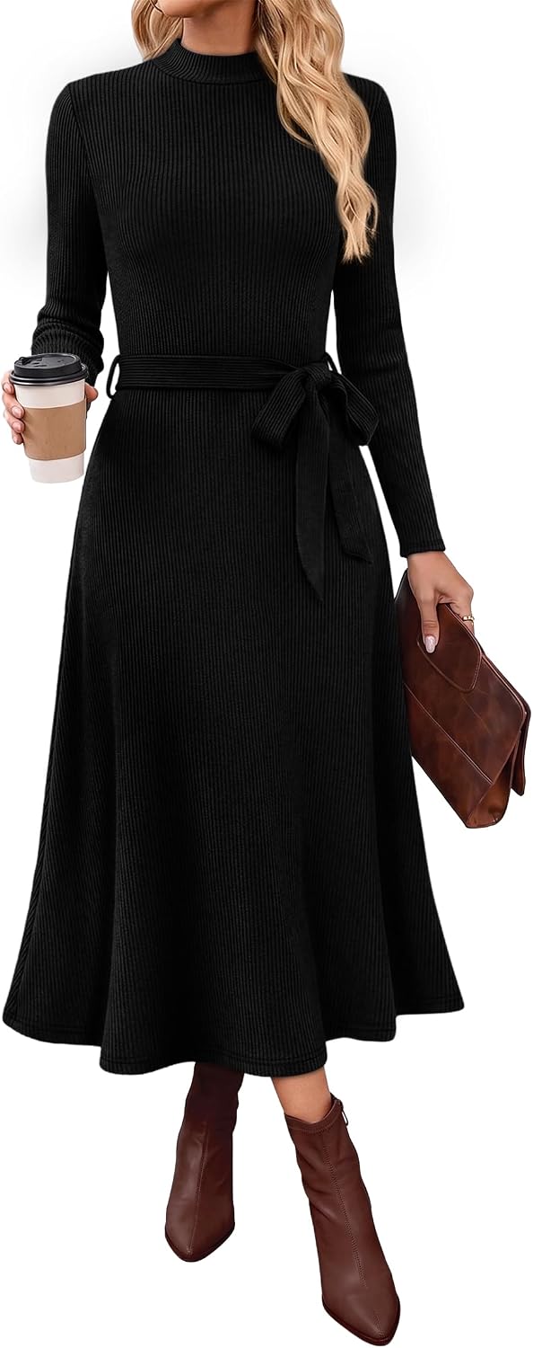 OFEEFAN Long Sleeve Dress Mock Neck Tie Waist Ribbed Knit Midi Dresses Fall Outfits