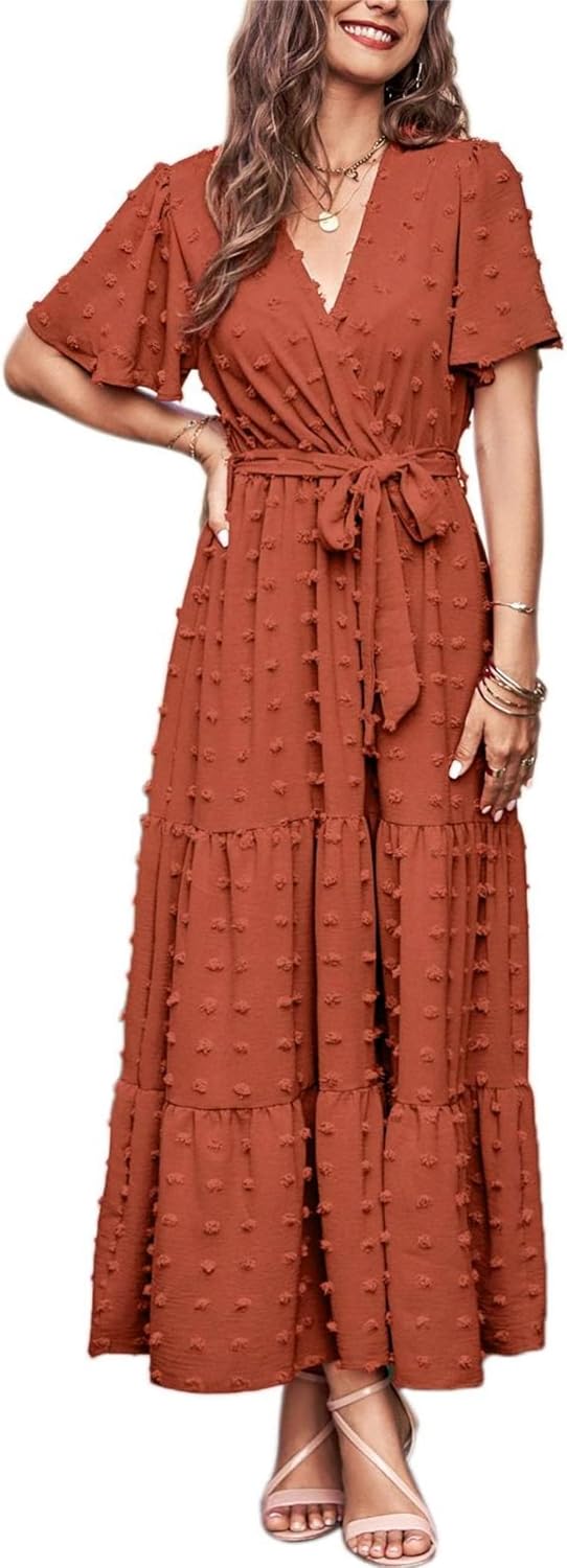 MASCOMODA Womens Summer Swiss Dot Maxi Dresses Wrap Boho Floral Long Dress | V Neck Wrap Dress, Flutter Short Sleeve, Tie Waist, Flowy A Line, Tiered Ruffle Hem, Elegant Spring Wedding Guest Dresses