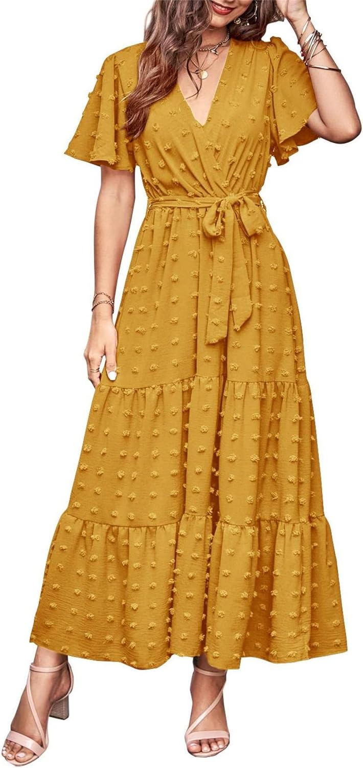 MASCOMODA Womens Summer Swiss Dot Maxi Dresses Wrap Boho Floral Long Dress | V Neck Wrap Dress, Flutter Short Sleeve, Tie Waist, Flowy A Line, Tiered Ruffle Hem, Elegant Spring Wedding Guest Dresses