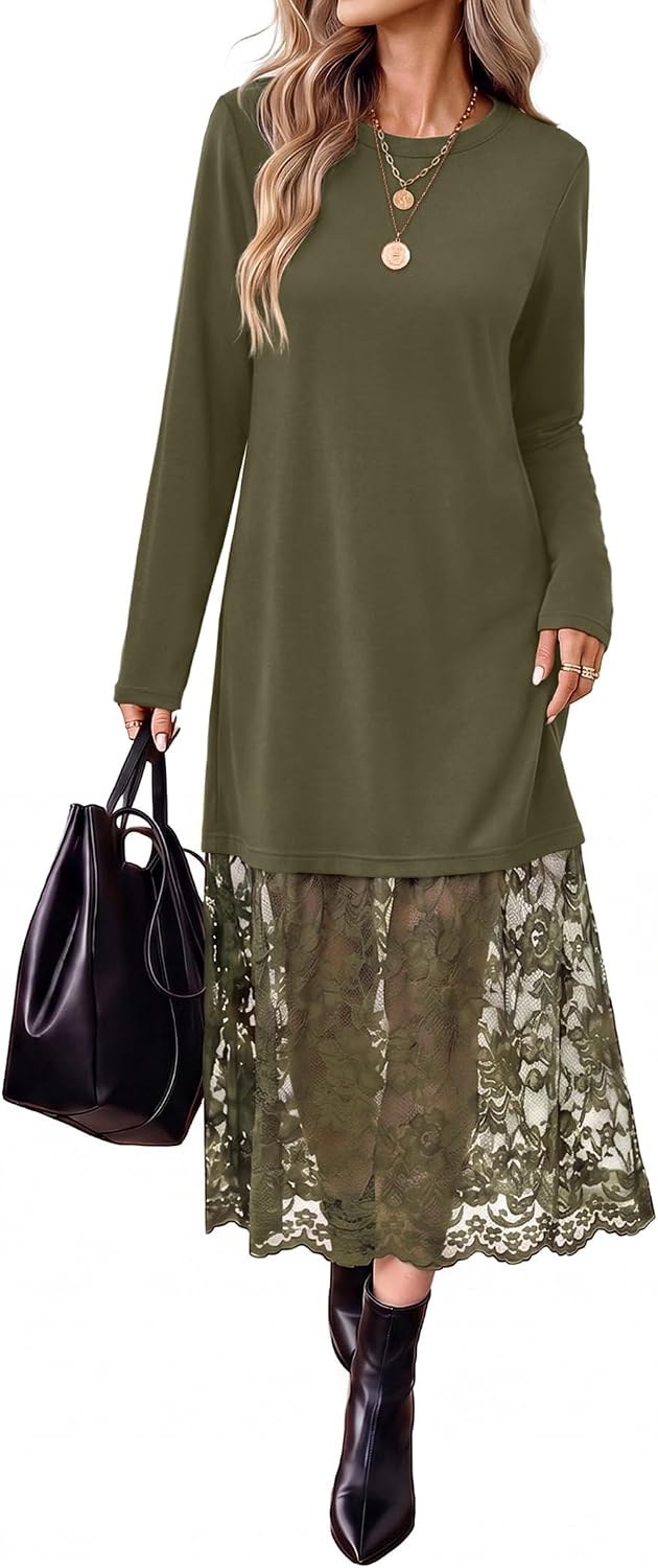 Long Sleeve Fall Dresses Midi Lace Patchwork Dress Fall Wedding Guest Dress | Winter dresses, fall fashion clothing, business casual outfits, teacher outfits, crew neck, side pockets, going out
