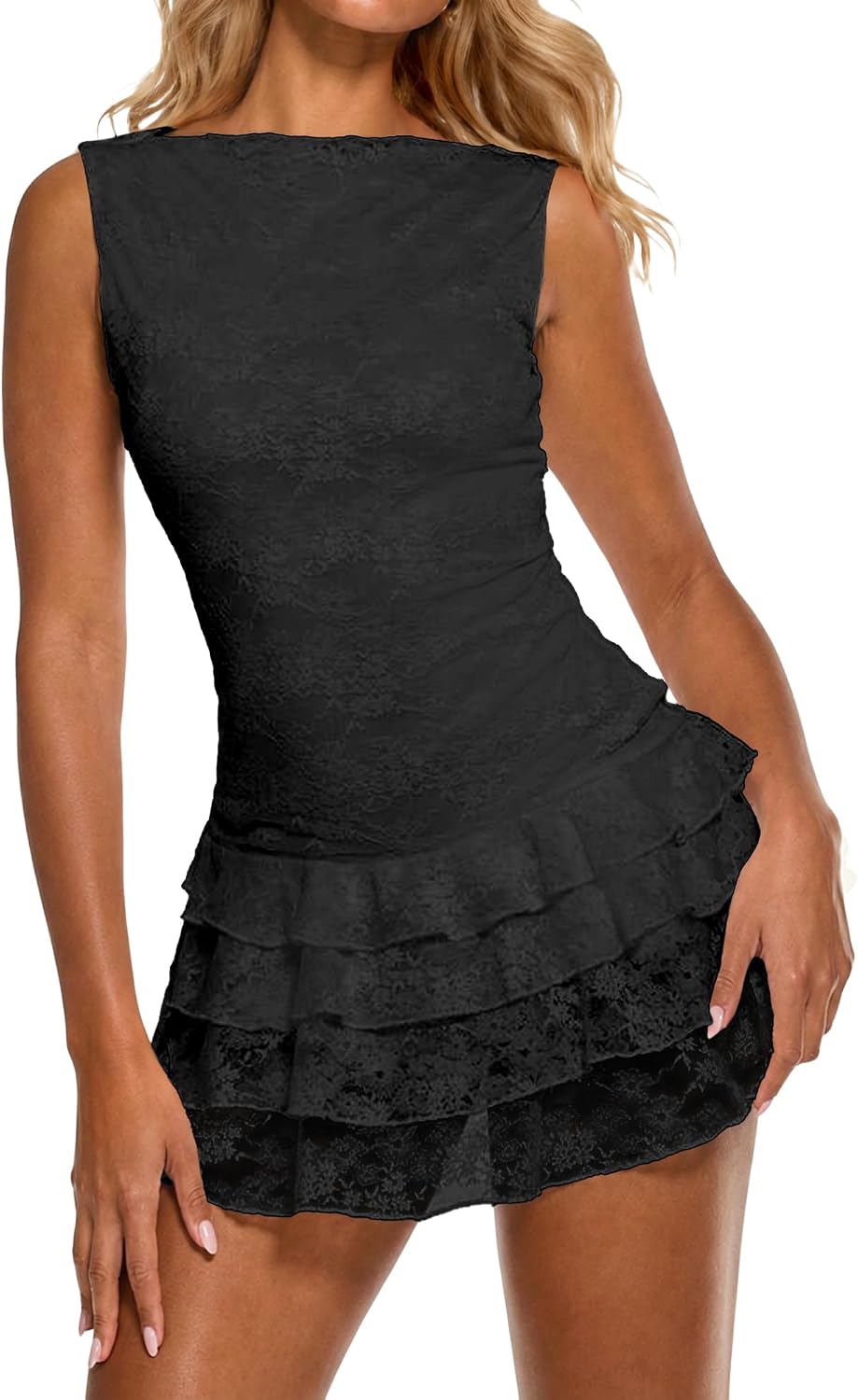 Ammiko Women's Mini Dress Western Floral Lace Tank Dresses Casual | Summer, Sleeveless, Ruffle Hem Layered, Western, Y2K, Going Out, Country, Party, Cowboy Music Festival Outfits
