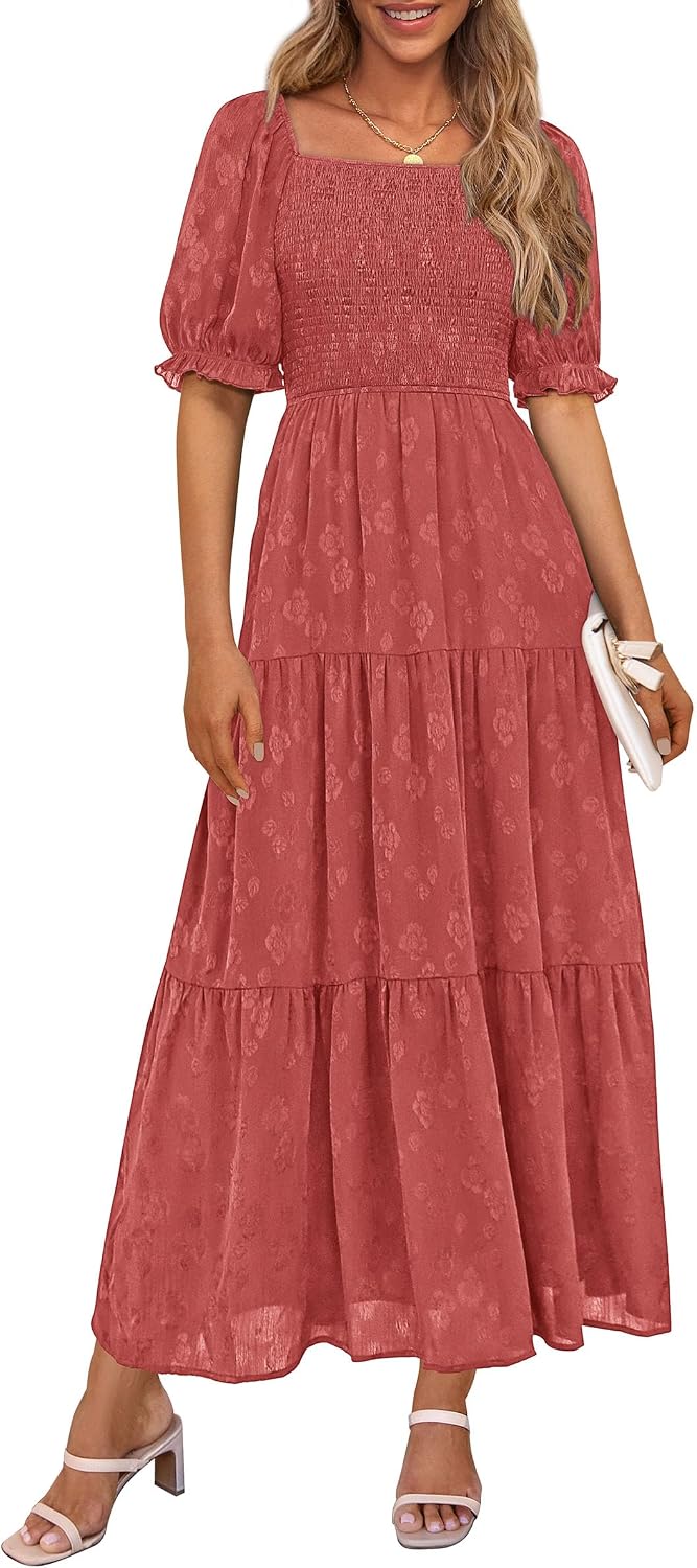 PRETTYGARDEN Women's Summer Elegant Floral Midi Dresses | Square Neck Short Sleeve, Smocked Pockets, Ruffle Tiered, Flowy A Line, Fit and Flare, Wedding Guest Party, Boho Outfits