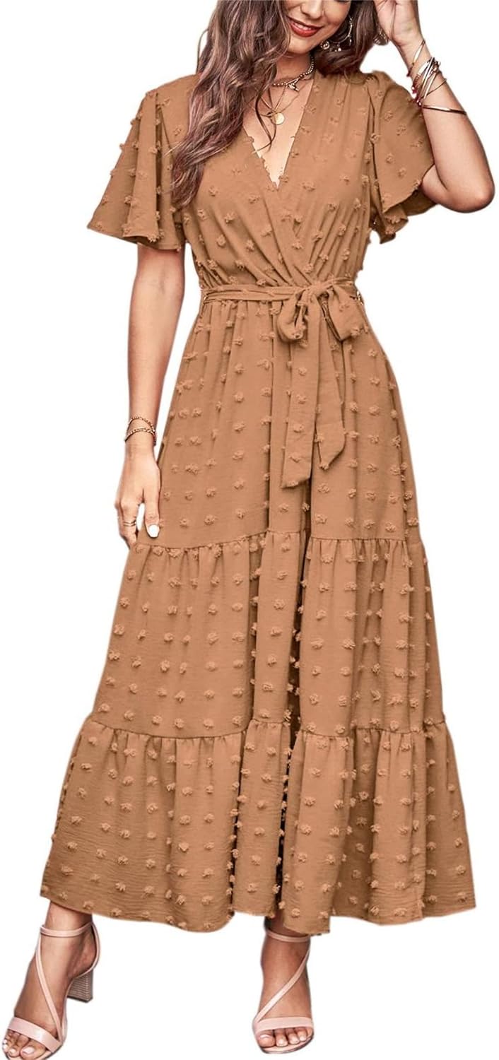 MASCOMODA Womens Summer Swiss Dot Maxi Dresses Wrap Boho Floral Long Dress | V Neck Wrap Dress, Flutter Short Sleeve, Tie Waist, Flowy A Line, Tiered Ruffle Hem, Elegant Spring Wedding Guest Dresses
