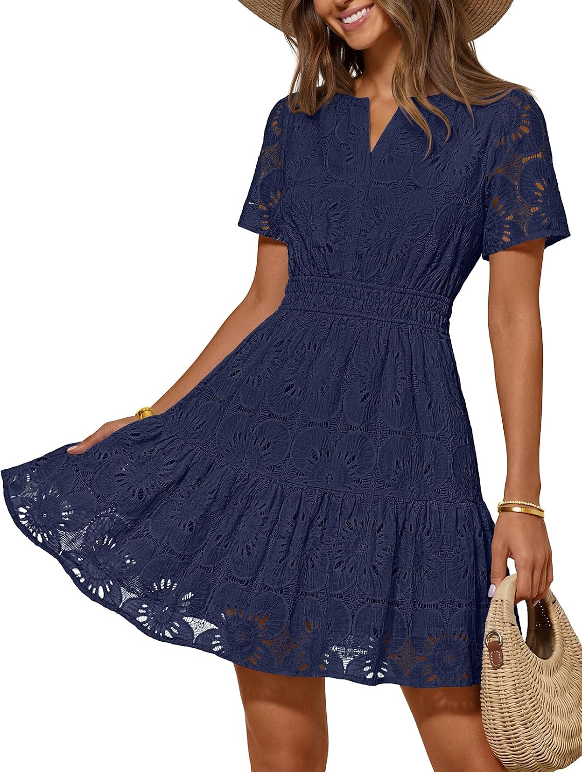 MEROKEETY Women's Summer Eyelet Lace Floral Boho Dress | Mini Dress, Short Sleeve, A Line, Notch Neck, Shirring Waist, Flowy Hem, Elegant Casual Cute, Vacation Beach, Short Sundress