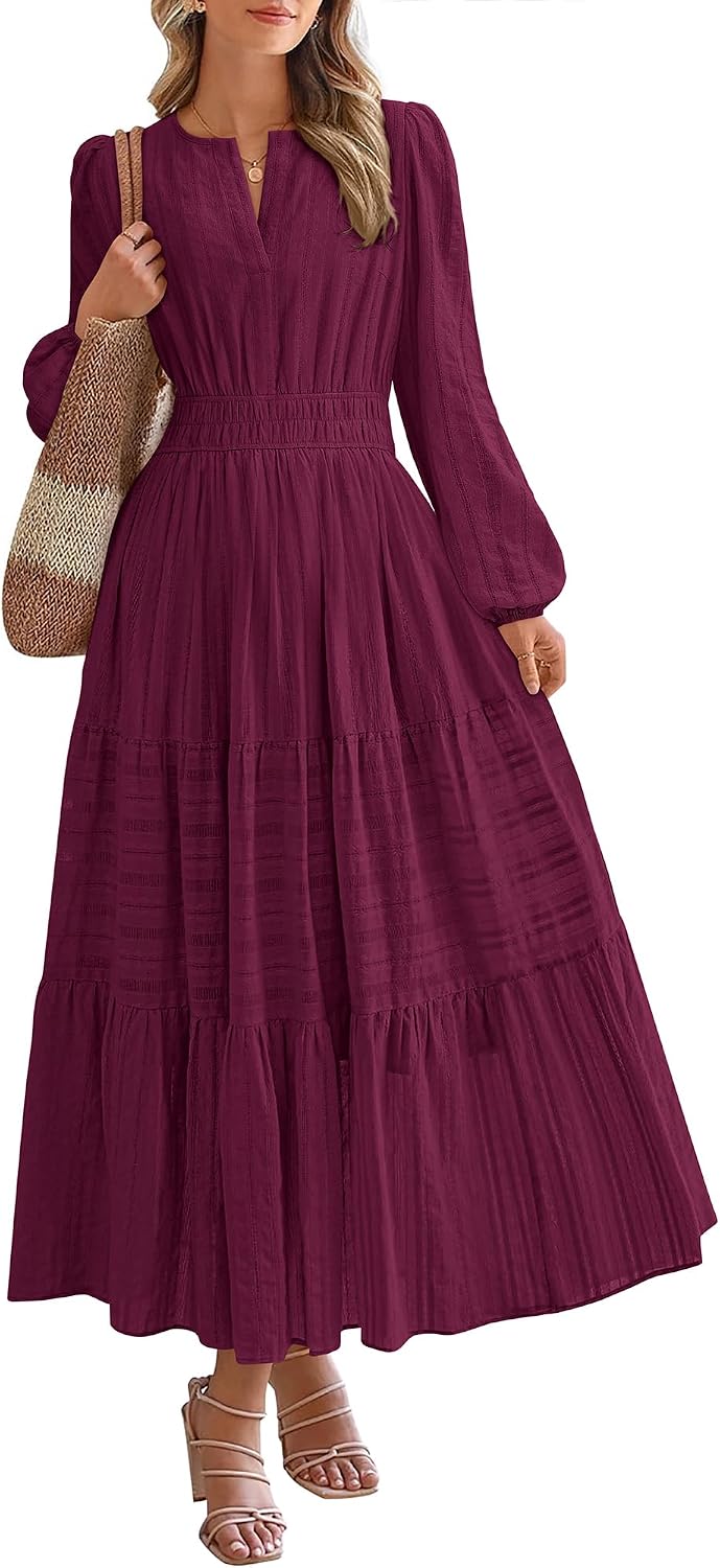 BTFBM Womens Fall 2026 Casual Midi Maxi Dresses | Lightweight Long Sleeve V Neck,Elastic Waist A Line Cotton Long Dresses,Boho Wedding Guest Dress Pockets,Fashion Clothing