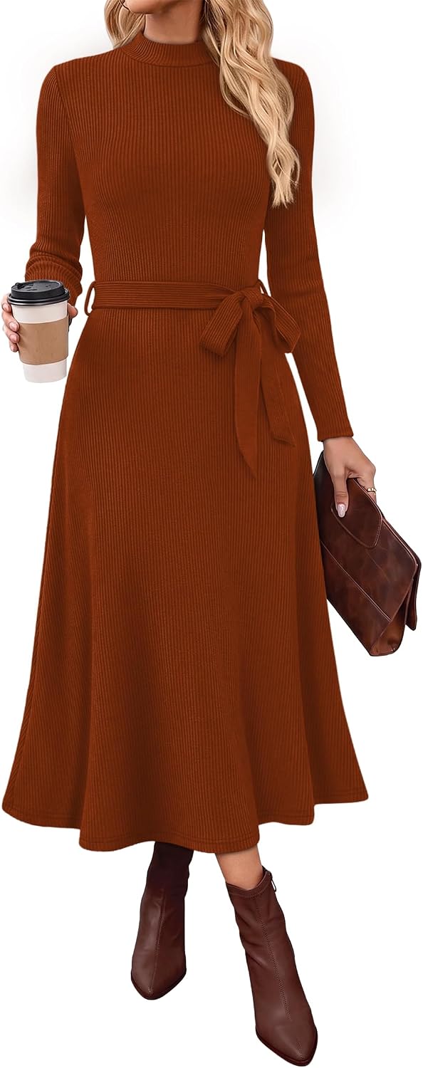 OFEEFAN Long Sleeve Dress Mock Neck Tie Waist Ribbed Knit Midi Dresses Fall Outfits