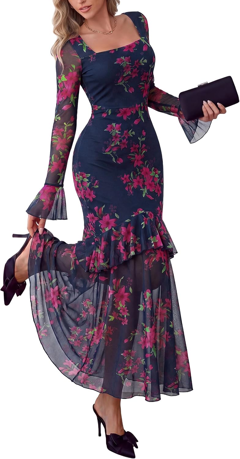 PRETTYGARDEN Womens Floral Long Sleeve Dress A Line Mesh Fall Maxi Dresses | Sheer Sleeve & Bell Cuffs, Lined, High Waist & Tiered Ruffle, Square Neck, Flowy Boho Dress, Cocktail Wedding Guest Dresses