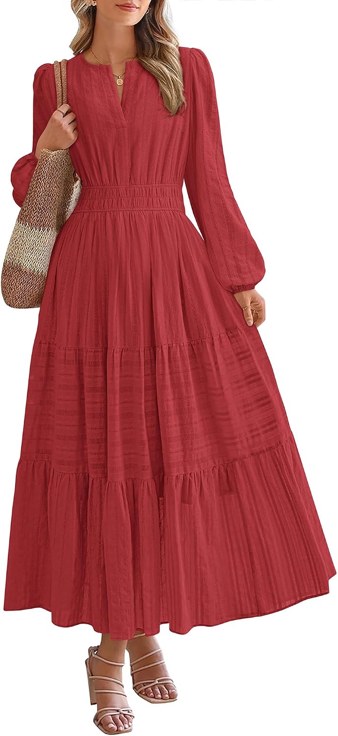 BTFBM Womens Fall 2026 Casual Midi Maxi Dresses | Lightweight Long Sleeve V Neck,Elastic Waist A Line Cotton Long Dresses,Boho Wedding Guest Dress Pockets,Fashion Clothing