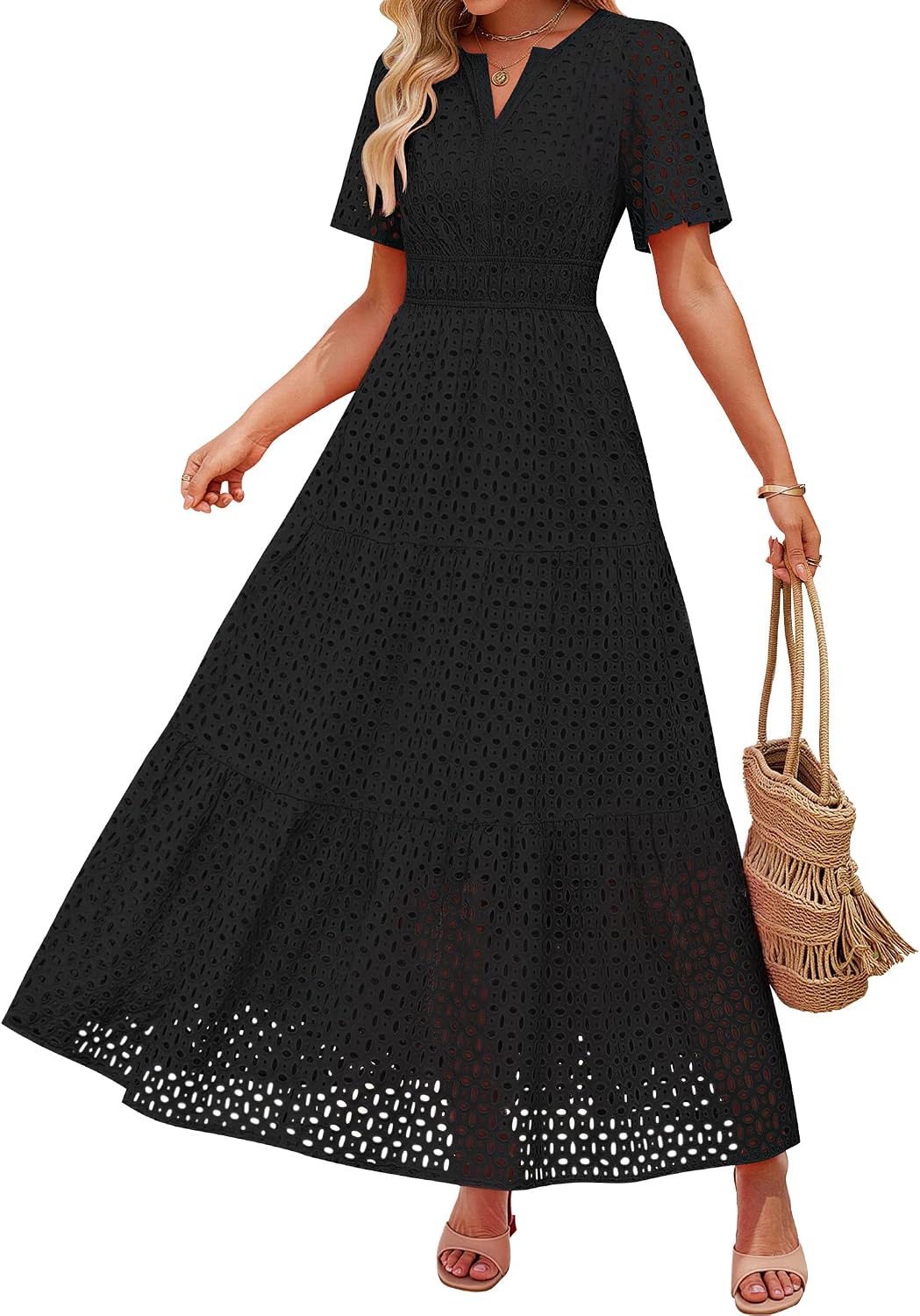 ZESICA Women's Summer Casual V Neck Eyelet A Line Maxi Dresses | Short Sleeve, High Waist, Beach Vacation Long Dress, Wedding Guest, Cocktail Party Outfits, 2026 Fashion Trendy Clothes