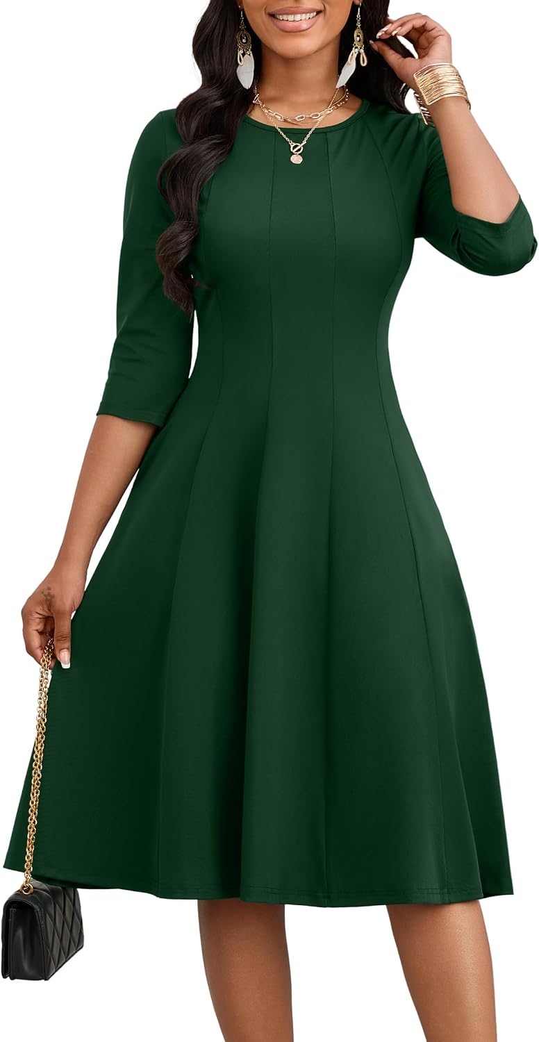 CLOCOR Midi Dresses Elegant Church 3\/4 Sleeve Crew Neck Dress with Pocket | Midi dress for cocktail, church, flattering high-waist A-line back zipper for easy on\/off, side pockets for convenience