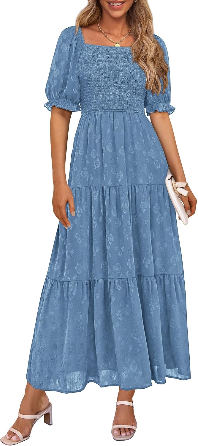 PRETTYGARDEN Women's Summer Elegant Floral Midi Dresses | Square Neck Short Sleeve, Smocked Pockets, Ruffle Tiered, Flowy A Line, Fit and Flare, Wedding Guest Party, Boho Outfits