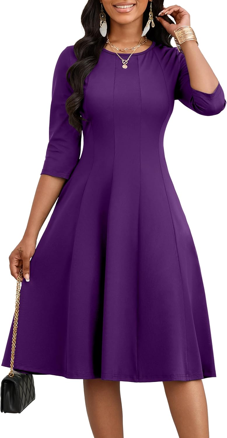 CLOCOR Midi Dresses Elegant Church 3\/4 Sleeve Crew Neck Dress with Pocket | Midi dress for cocktail, church, flattering high-waist A-line back zipper for easy on\/off, side pockets for convenience
