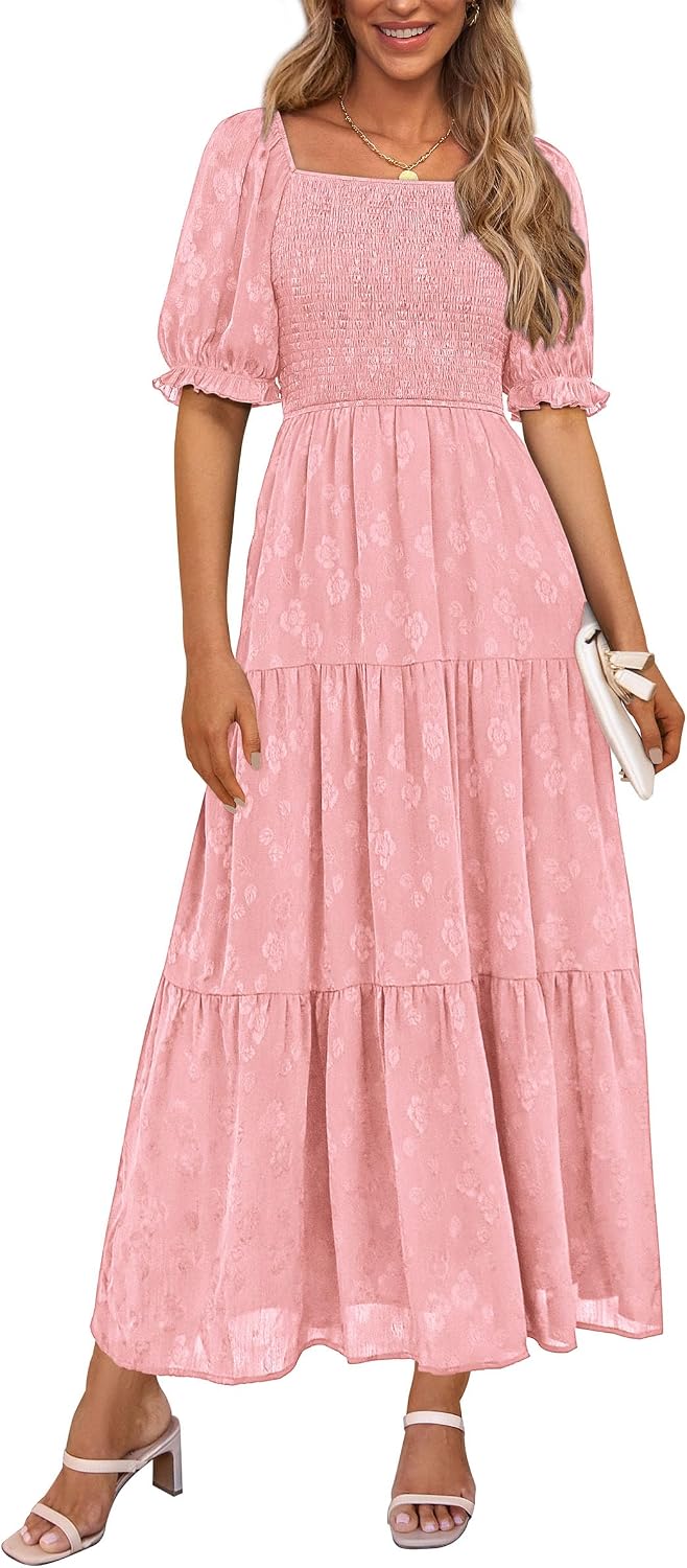 PRETTYGARDEN Women's Summer Elegant Floral Midi Dresses | Square Neck Short Sleeve, Smocked Pockets, Ruffle Tiered, Flowy A Line, Fit and Flare, Wedding Guest Party, Boho Outfits