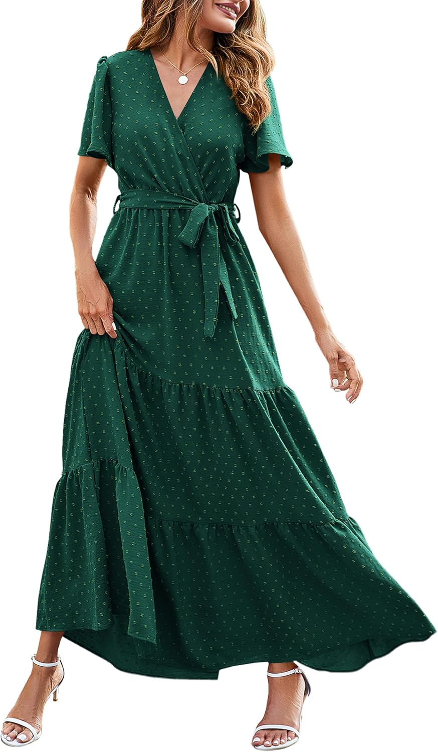 MASCOMODA Womens Summer Swiss Dot Maxi Dresses Wrap Boho Floral Long Dress | V Neck Wrap Dress, Flutter Short Sleeve, Tie Waist, Flowy A Line, Tiered Ruffle Hem, Elegant Spring Wedding Guest Dresses