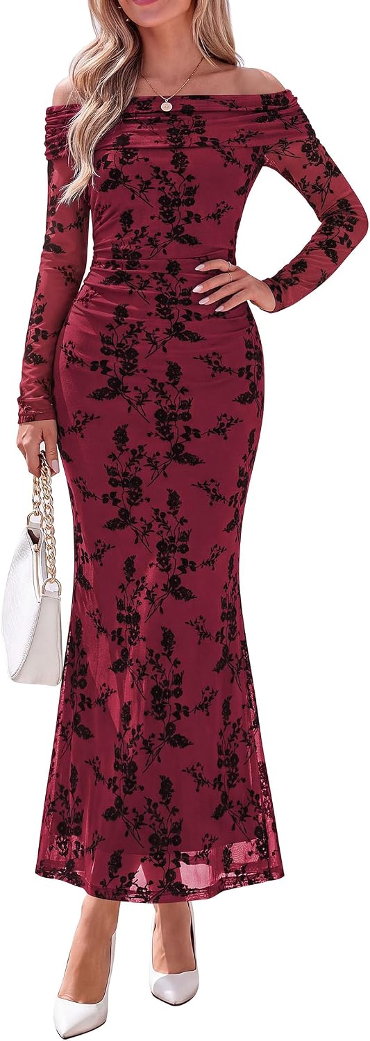 PRETTYGARDEN Womens Fall Off Shoulder Floral Maxi Wedding Guest Dress | Mesh Slim Fit,Elegant Bodycon,Formal Party Cocktail Dress,Bridal Shower Baby Shower,Date Night Outfits,Vacation Long Dresses