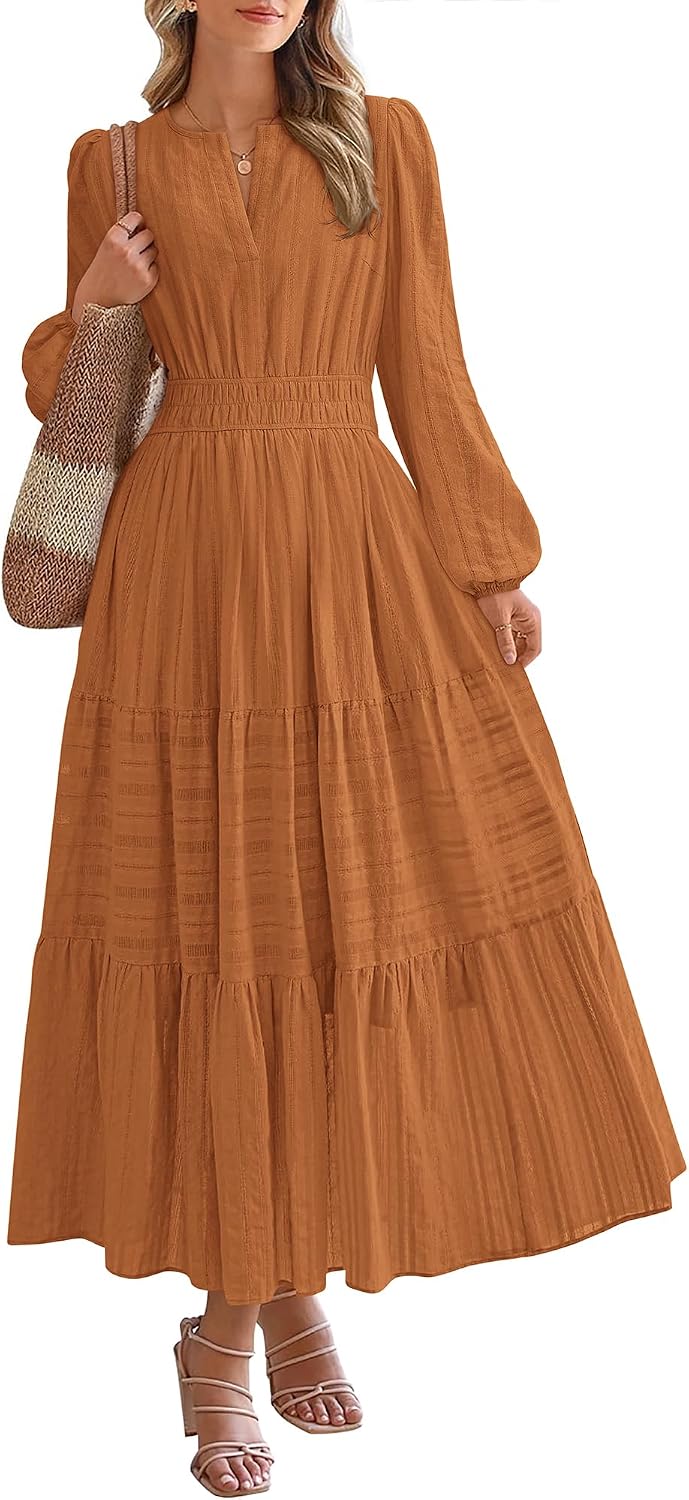 BTFBM Womens Fall 2026 Casual Midi Maxi Dresses | Lightweight Long Sleeve V Neck,Elastic Waist A Line Cotton Long Dresses,Boho Wedding Guest Dress Pockets,Fashion Clothing