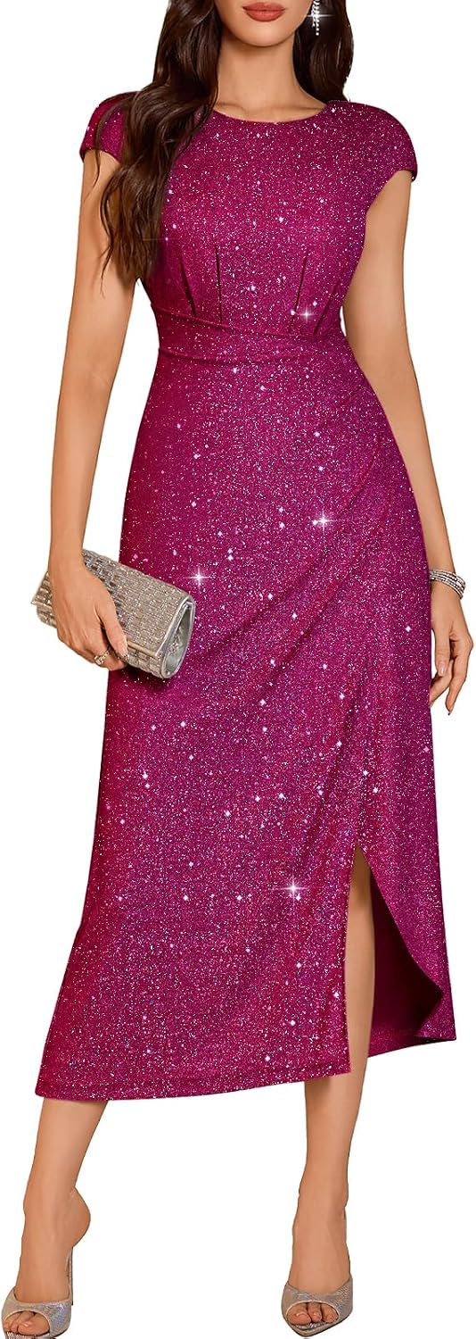 DRESSTELLS Women's Sparkly Formal Wedding Guest Dresses, Sequin Cocktail Party Evening Prom Slit Maxi Dress