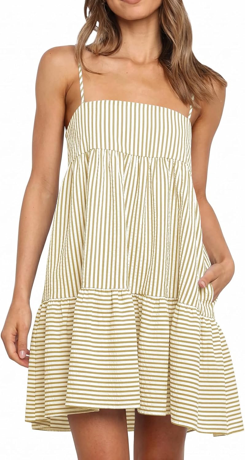 Wenrine Womens Summer Striped Mini Dress Spaghetti Strap Beach Sundress | Casual,Sleeveless,Loose,A Line,Short Dresses,Vacation,Resort,Sun Dress, with Pockets