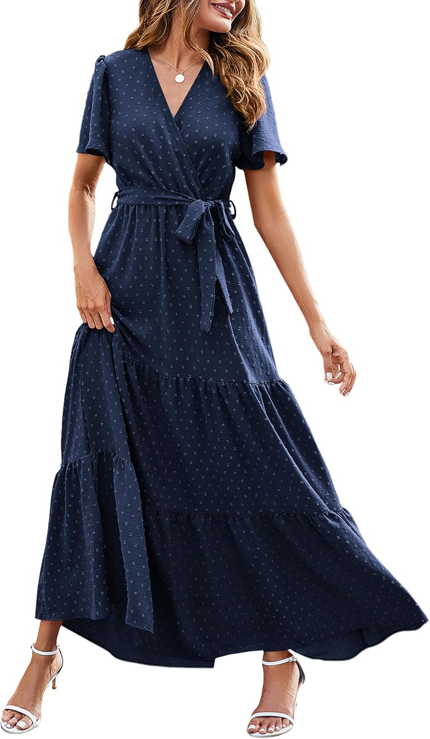 MASCOMODA Womens Summer Swiss Dot Maxi Dresses Wrap Boho Floral Long Dress | V Neck Wrap Dress, Flutter Short Sleeve, Tie Waist, Flowy A Line, Tiered Ruffle Hem, Elegant Spring Wedding Guest Dresses