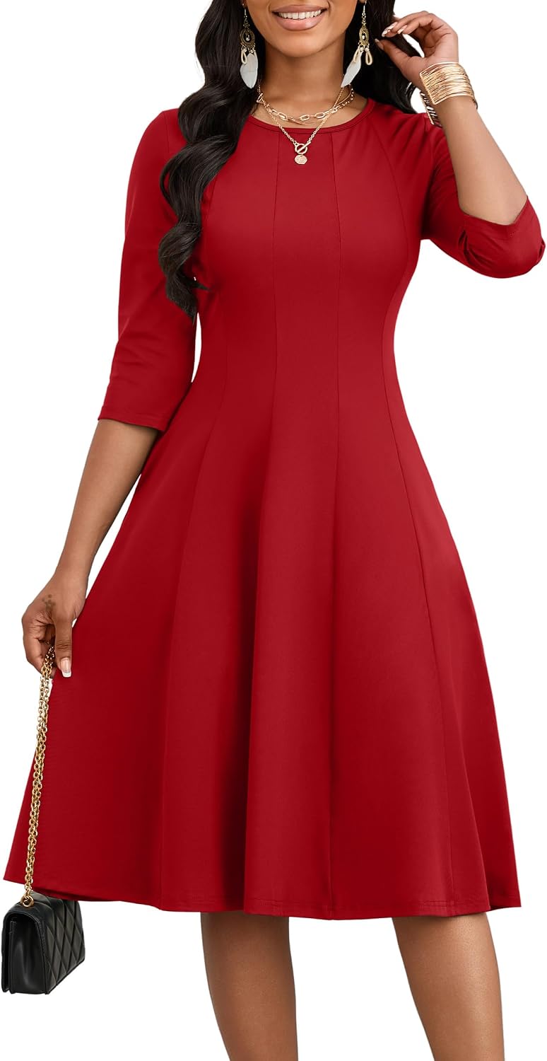 CLOCOR Midi Dresses Elegant Church 3\/4 Sleeve Crew Neck Dress with Pocket | Midi dress for cocktail, church, flattering high-waist A-line back zipper for easy on\/off, side pockets for convenience
