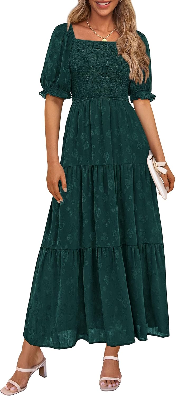 PRETTYGARDEN Women's Summer Elegant Floral Midi Dresses | Square Neck Short Sleeve, Smocked Pockets, Ruffle Tiered, Flowy A Line, Fit and Flare, Wedding Guest Party, Boho Outfits