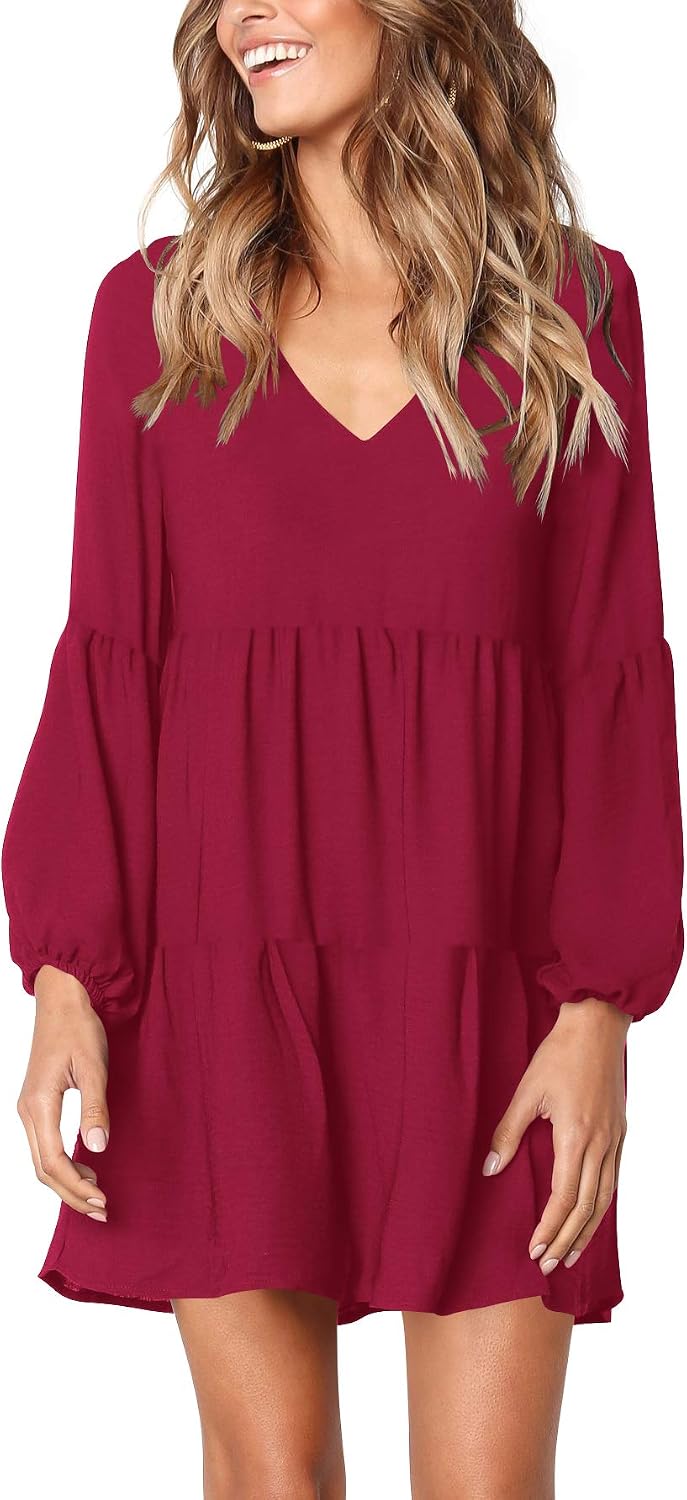 Amoretu Womens Tunic Dress Long Sleeve V Neck Casual Loose Flowy Swing Shift Dresses