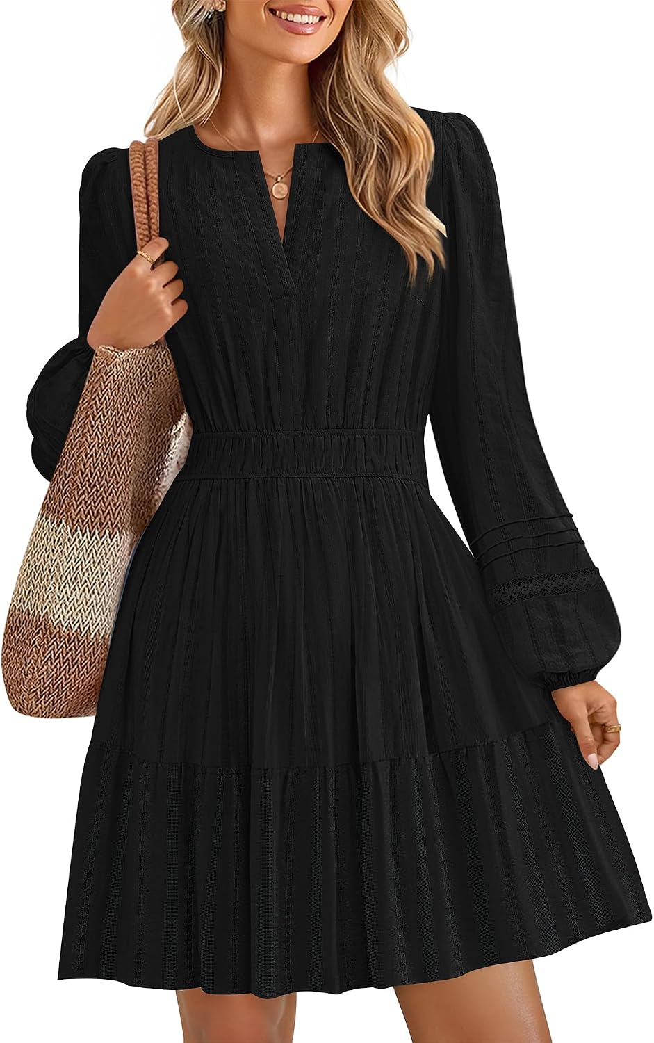 ZESICA Women's Fall Long Sleeve V Neck Flowy Mini Dresses | A Line Cotton Short Dress, Lightweight, Holiday, Work Office, Vacation, Homecoming, Baby Shower, 2026 Fall Trendy Clothes