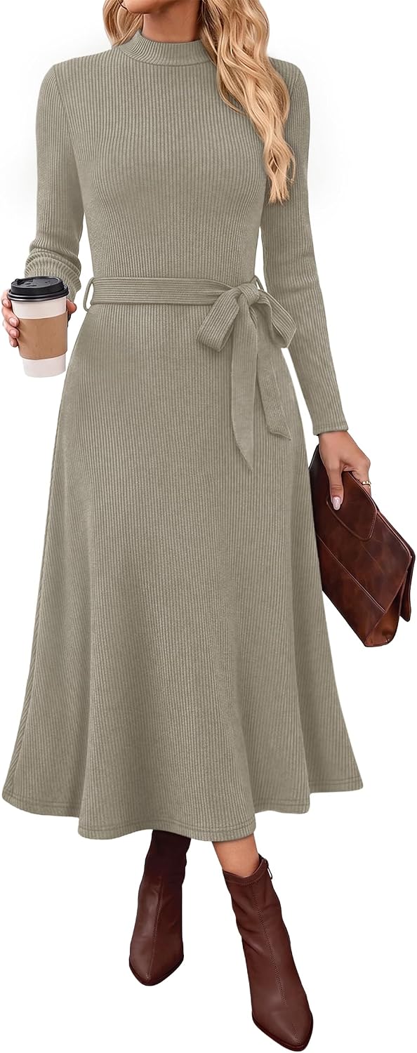 OFEEFAN Long Sleeve Dress Mock Neck Tie Waist Ribbed Knit Midi Dresses Fall Outfits