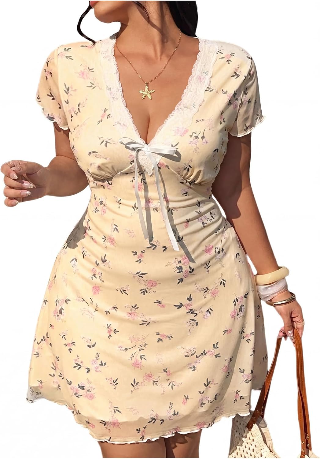 SHENHE Women's Plus Size Y2k Mesh Goth Mini Dress Deep V Going Out Dresses | Floral Pattern,A Line,Deep V,Short Sleeve,Flared Hem